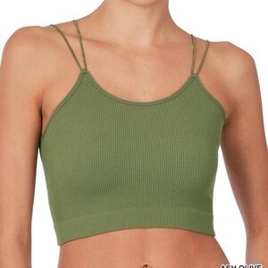 Zenana Ribbed Olive Crop Cami Top Double Strap Stretchy Summer Tank top S/M